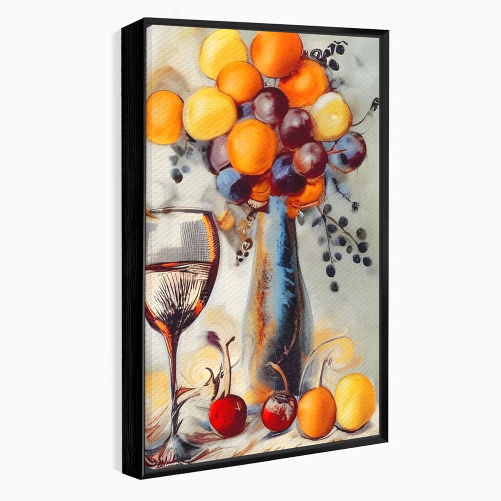 Tablou canvas cu tablou cu sticla, pahar de vin si fructe, in rama de aluminiu negru